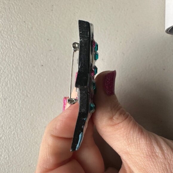 Handcrafted Cat Lady Brooch Colorful Rhinestone Geometric Design Pin Art to Wear - Picture 4 of 5